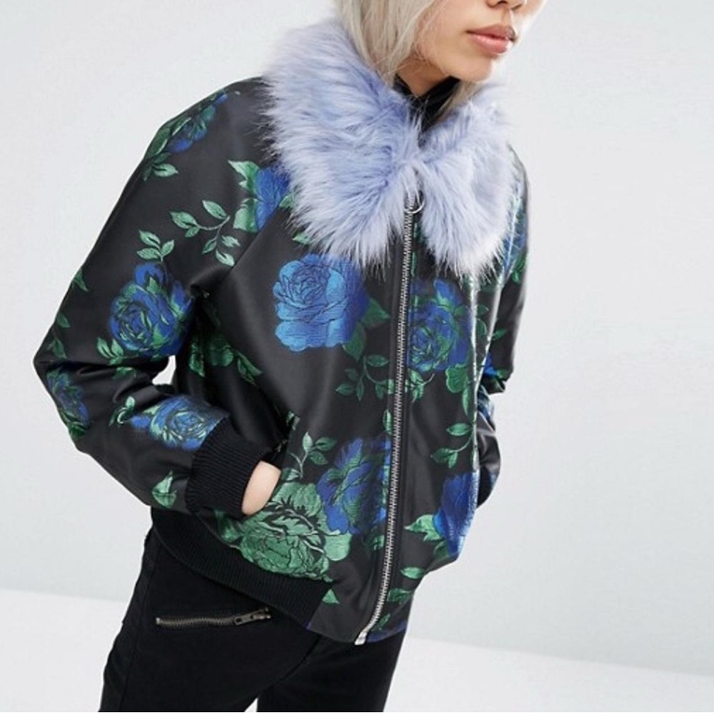 ASOS Black Bomber Jacket with Blue Floral and Faux Fur Collar
